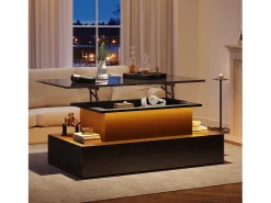 Hot Merax Mesa de centro elevatória - 90 x 55 x 41 cm - moderna em alto brilho com LEDs + 4 gavetas - aglomerado - Preto