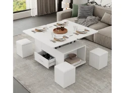 Merax Mesa de centro elevatória - 100 x 50 x 45 cm - 4 em 1 + 1 gaveta + 4 bancos - aglomerado -^ Mesa De Centro