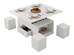 Merax Mesa de centro elevatória - 100 x 50 x 45 cm - 4 em 1 + 1 gaveta + 4 bancos - aglomerado -^ Mesa De Centro