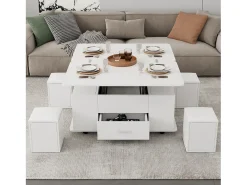 Merax Mesa de centro elevatória - 100 x 50 x 45 cm - 4 em 1 + 1 gaveta + 4 bancos - aglomerado -^ Mesa De Centro