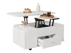 Merax Mesa de centro elevatória - 100 x 50 x 45 cm - 4 em 1 + 1 gaveta + 4 bancos - aglomerado -^ Mesa De Centro