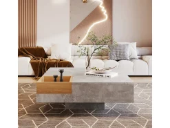 Mesa De Centro| Mesa de centro em concreto cinza e madeira com caixa de arrumação (72x72x30 cm) Cinzento