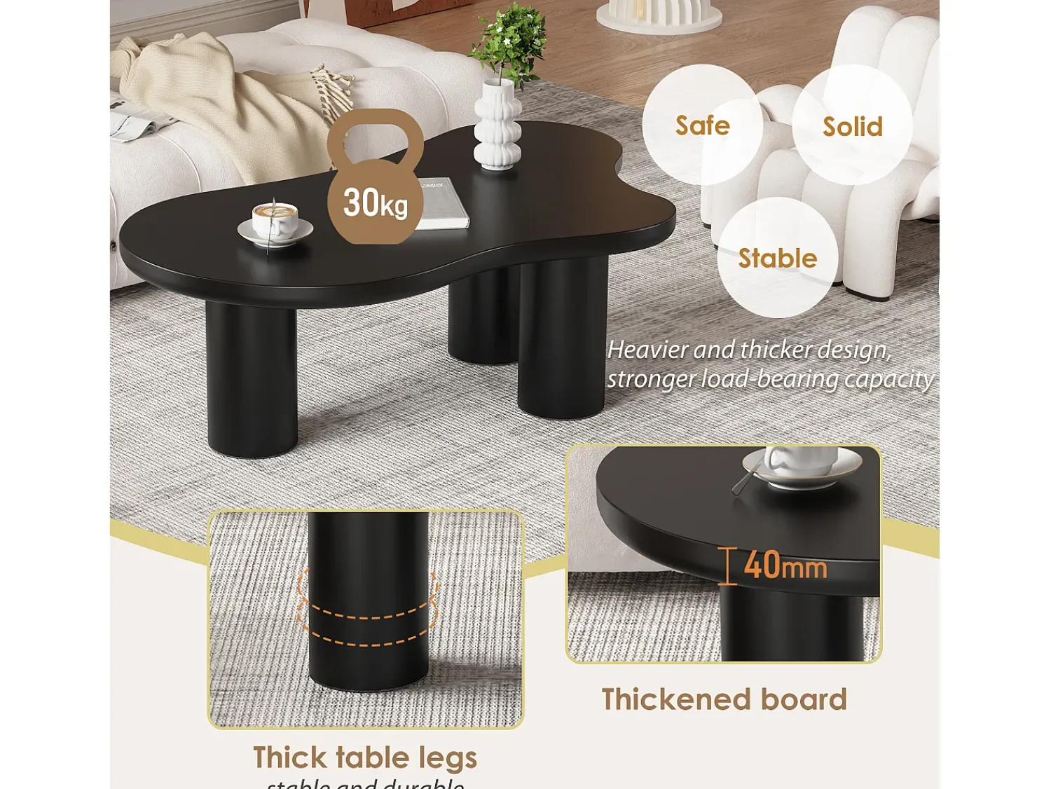 Mesa De Centro|ModernLuxe Mesa de centro em MDF e PVC - tampo irregular em forma de nuvem - Preto