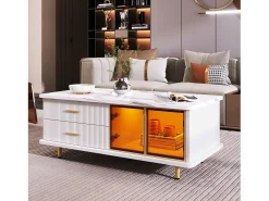 Mesa De Centro* Mesa de centro em mármore - Aparador com duas gavetas e um compartimento de arrumação com LED Branco