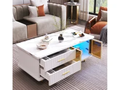 Mesa De Centro* Mesa de centro em mármore - Aparador com duas gavetas e um compartimento de arrumação com LED Branco