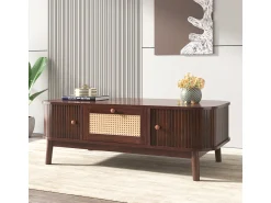 Mesa De Centro| Mesa de centro em rattan com gavetas e portas de correr, pés em madeira maciça, estilo rústico natural. Natural escuro