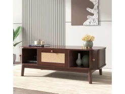 Mesa De Centro| Mesa de centro em rattan com gavetas e portas de correr, pés em madeira maciça, estilo rústico natural. Natural escuro