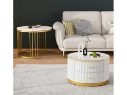 Mesa De Centro|Hauss Spole Mesa de centro encaixável com 2 gavetas - Tampo redondo com efeito mármore - e dourado Branco