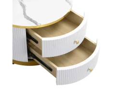 Mesa De Centro|Hauss Spole Mesa de centro encaixável com 2 gavetas - Tampo redondo com efeito mármore - e dourado Branco