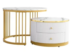 Mesa De Centro|Hauss Spole Mesa de centro encaixável com 2 gavetas - Tampo redondo com efeito mármore - e dourado Branco