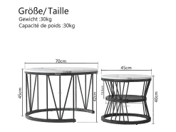 Mesa De Centro| Mesa de centro encaixável, folheado de mármore, estrutura de metal, e branco Preto