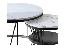 Mesa De Centro| Mesa de centro encaixável, folheado de mármore, estrutura de metal, e branco Preto