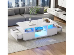 Mesa De Centro*ModernLuxe Mesa de centro envernizada brilhante 100x50x36 cm - con LED - 2 gavetas e espaço de armazenamento aberto - painéis de partículas - Branco