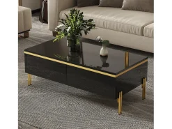 Mesa De Centro*ModernLuxe Mesa de centro envernizada brilhante 100x50x36 cm - 2 gavetas - Pés de metal - Painéis de partículas - Preto
