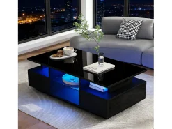 Mesa De Centro|ModernLuxe Mesa de centro envernizada brilhante 100x50x36 cm - con LED - 2 gavetas e espaço de armazenamento aberto - painéis de partículas - Preto