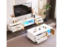 Mesa De Centro|ModernLuxe Mesa de centro escandinava - 2 gavetas e 2 portas - LED integrado - folheado com padrão mármore - Branco