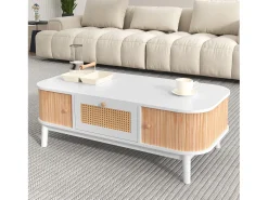 Mesa De Centro| Mesa de centro estilo chalé 110x55x38,5cm - Mesa de centro com gavetas em verga e portas de correr com ripas em madeira maciça Pernas em madeira maciça - Branco