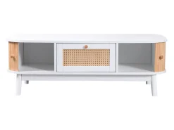 Mesa De Centro| Mesa de centro estilo chalé 110x55x38,5cm - Mesa de centro com gavetas em verga e portas de correr com ripas em madeira maciça Pernas em madeira maciça - Branco