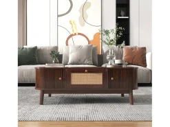 Mesa De Centro* Mesa de centro estilo chalé 110x55x38,5cm - Mesa de centro com gavetas em verga e portas de correr com ripas em madeira maciça Pernas em madeira maciça - Castanho