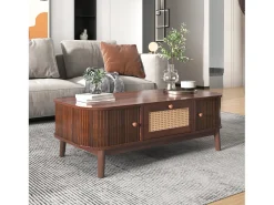Mesa De Centro* Mesa de centro estilo chalé 110x55x38,5cm - Mesa de centro com gavetas em verga e portas de correr com ripas em madeira maciça Pernas em madeira maciça - Castanho