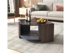 Mesa De Centro| Mesa de centro estruturada em mármore e nogueira com linhas únicas. Preto