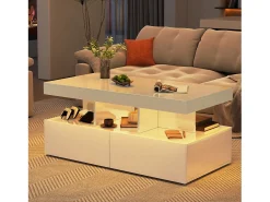Consola| Mesa de centro inteligente com LED RGB - com duas gavetas, dimmer controlado por aplicativo, acabamento brilhante e à prova d'água, compatível com música Branco