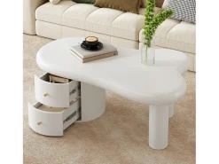 Mesa De Centro|Merax Mesa de centro irregular - 97 x 64 x 42 cm - com 2 gavetas - Ideal para sala de estar - MDF - Branco