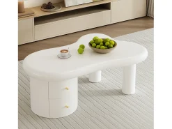 Mesa De Centro|Merax Mesa de centro irregular - 97 x 64 x 42 cm - com 2 gavetas - Ideal para sala de estar - MDF - Branco