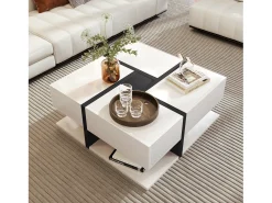 Hauss Spole Mesa de centro lacada de alto brilho com 4 gavetas - Design linear - Branca 78 x 78 x 36 cm^ Mesa De Centro