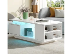 Mesa De Centro*Merax Mesa de centro laqueada - 100 x 50 x 36 cm - com gaveta + LEDs + 4 compartimentos de arrumação - aglomerado - branca Branco