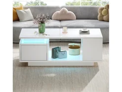 Mesa De Centro*Merax Mesa de centro laqueada - 100 x 50 x 36 cm - com gaveta + LEDs + 4 compartimentos de arrumação - aglomerado - branca Branco