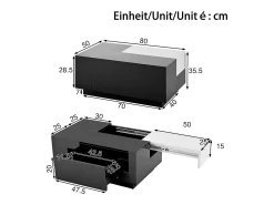 Mesa de centro laqueada com iluminação LED, tampo extensível em e branco, e espaço de armazenamento oculto.^ Mesa De Centro