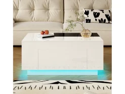 Mesa de centro laqueada com iluminação LED, tampo extensível em preto e , e espaço de armazenamento oculto.^ Mesa De Centro