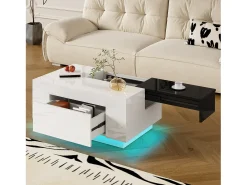 Mesa de centro laqueada com iluminação LED, tampo extensível em preto e , e espaço de armazenamento oculto.^ Mesa De Centro