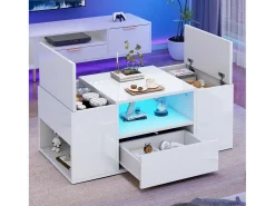 Mesa De Centro|Merax Mesa de centro laqueada de alto brilho - 100 x 50 x 40 cm - com 1 gaveta + LEDs + 6 compartimentos de armazenamento - aglomerado - branca Branco