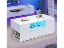 Mesa De Centro|Merax Mesa de centro laqueada de alto brilho - 100 x 50 x 40 cm - com 1 gaveta + LEDs + 6 compartimentos de armazenamento - aglomerado - branca Branco