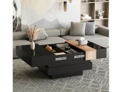 Merax Mesa de centro laqueada de alto brilho para sala de estar - 70 x 70 x 39 cm - extensível e com espaço de armazenamento oculto - MDF - preta^ Mesa De Centro