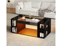Mesa De Centro*Merax Mesa de centro laqueada de alto brilho para sala de estar - 100 x 50 x 40 cm - com tampo de vidro temperado + LEDs + prateleira - preta - MDF Preto