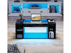 Mesa De Centro*Merax Mesa de centro laqueada de alto brilho para sala de estar - 100 x 50 x 40 cm - com tampo de vidro temperado + LEDs + prateleira - preta - MDF Preto