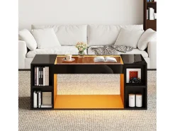 Mesa De Centro*Merax Mesa de centro laqueada de alto brilho para sala de estar - 100 x 50 x 40 cm - com tampo de vidro temperado + LEDs + prateleira - preta - MDF Preto