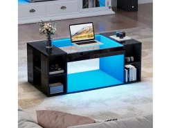 Mesa De Centro*Merax Mesa de centro laqueada de alto brilho para sala de estar - 100 x 50 x 40 cm - com tampo de vidro temperado + LEDs + prateleira - preta - MDF Preto