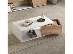 Sale Merax Mesa de centro laqueada de alto brilho - 90 x 50 x 30 cm - com 1 gaveta giratória 360° + espaço de armazenamento aberto - MDF - branco e natural Natural claro