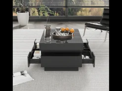 Discount Mesa de centro LED branca moderna, móvel para sala de estar, mesa de centro com espaço de armazenamento e quatro gavetas, preta. Preto