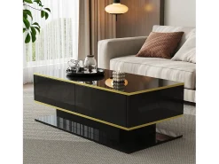 Mesa De Centro*ModernLuxe Mesa de centro LED moderna - Acabamento brilhante - Com 3 gavetas - Com iluminação LED - Preto