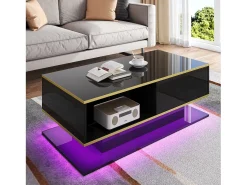 Mesa De Centro*ModernLuxe Mesa de centro LED moderna - Acabamento brilhante - Com 3 gavetas - Com iluminação LED - Preto
