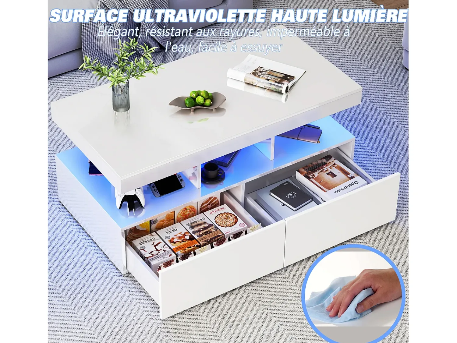Mesa De Centro* Mesa de centro LED moderna, brilhante, com armazenamento, 2 gavetas, 104x54x46 cm, branca Branco