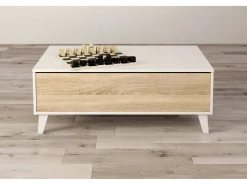 Mesa De Centro|Dmora Mesa de centro Lincoln, Mesa de centro com tampo elevável, Mesa baixa de sala, 100x68h38 cm, brilhante e carvalho Branco