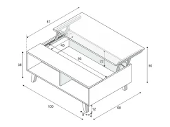 Mesa De Centro|Dmora Mesa de centro Lincoln, Mesa de centro com tampo elevável, Mesa baixa de sala, 100x68h38 cm, brilhante e carvalho Branco