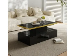 Clearance Mesa de centro, mesa com gavetas, acabamento em laca brilhante, mesa lateral com duas prateleiras. Com iluminação LED. Preto