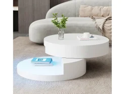 Mesa De Centro|Merax Mesa de centro moderna - 70 x 70 x 35,5 cm - mesa giratória 360° - com LEDs + armazenamento - MDF - Branco